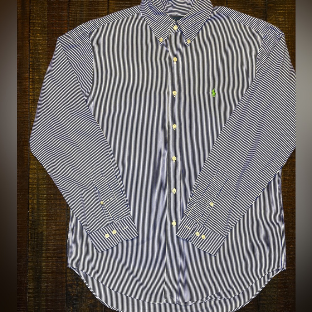 Ralph‎ Lauren Navy Striped Button Down Shirt Classic Fit SZ L Prep Ivy League